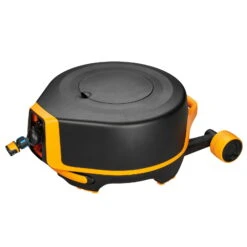 Fiskars Schlauchwagen Waterwheel Automatik XL, Für ½'-5/8", Schlauchdüse, Rasenspieß, Schwarz-orange -Pflanzen Geschäft 0930200501 Schlauchwagen Automatik XL mit Raedern 360 78975